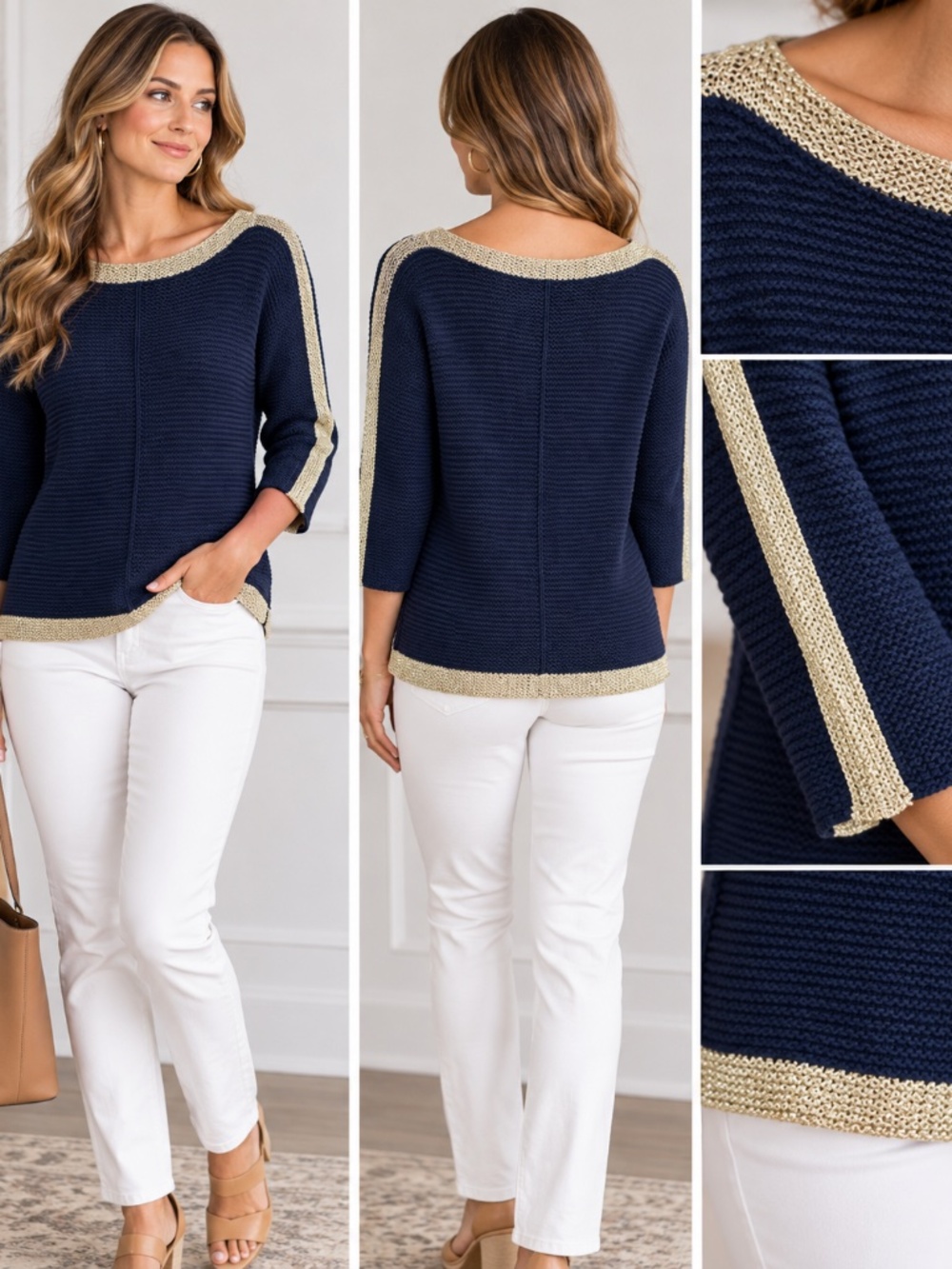 Lilly Pulitzer S Navy Blue Gold Metallic Trim Knit Sweater Boat Neck Preppy Fall